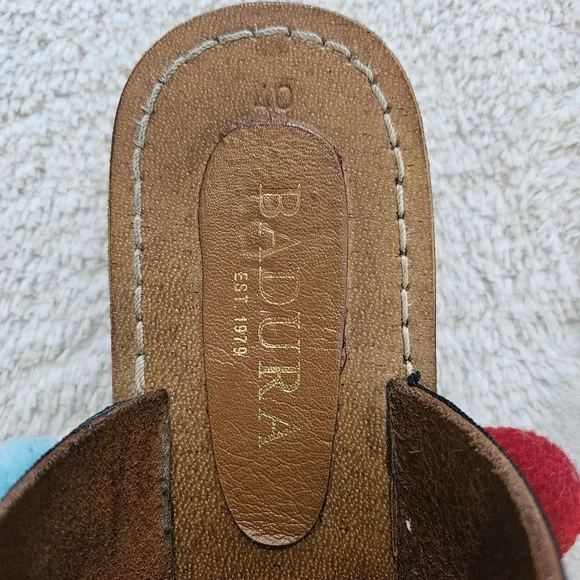 Brown Leather Pom Pom Sandals Colorful Size 9 Bohemian Tassel Western Summer - Picture 8 of 10